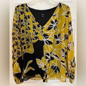 Alfani Yellow and Black Floral Long Sleeves Blouse